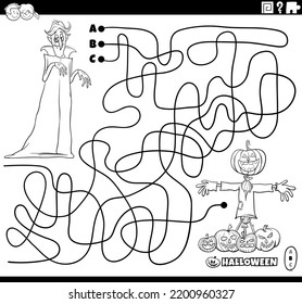 Black And White Cartoon Illustration Of Lines Maze Puzzle With Comic Vampire And Scarecrow With Halloween Pumpkins Coloring Page