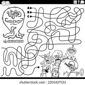 Black and white cartoon illustration of lines maze puzzle with comic monster characters on Halloween time coloring page