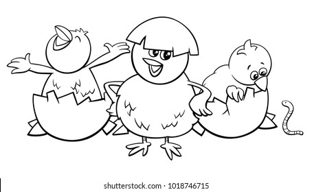 Black and White Cartoon Illustration of Little Chicks Characters Hatching from Eggs Coloring Book