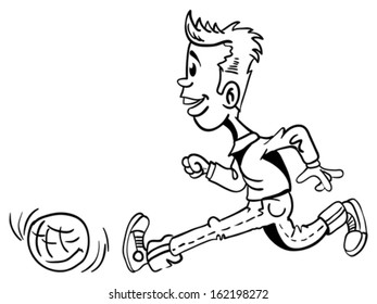 black and white cartoon illustration of little boy running with football