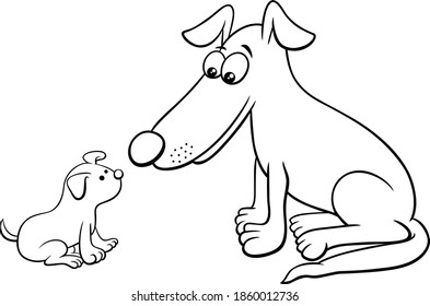Black and white cartoon illustration of little puppy and dog comic animal characters coloring book page