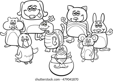 Black and White Cartoon Illustration of Little Cute Pet Characters Group Coloring Book
