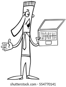 Black and White Cartoon Illustration of Man Doing Presentation with Notebook or Laptop