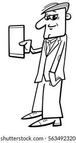 Black and White Cartoon Illustration of Man with Tablet or Smart Phone Phablet