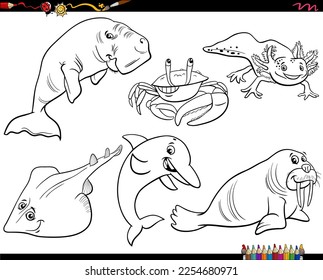 Black and white cartoon Illustration of marine animal characters set coloring page