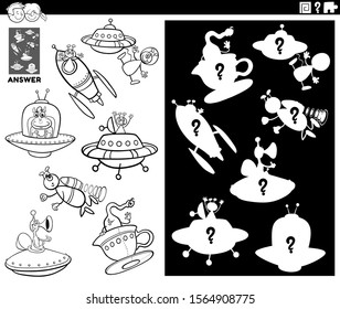 Black and White Cartoon Illustration of Match Objects and the Right Shape or Silhouette with Ufo and Alien Characters Educational Game for Children Coloring Book Page