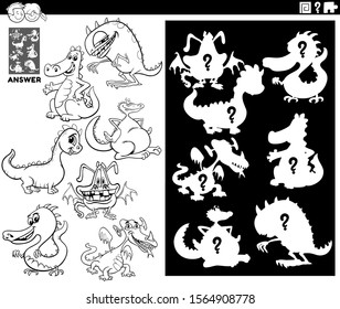 Black and White Cartoon Illustration of Match Objects and the Right Shape or Silhouette with Dragons Fantasy Characters Educational Game for Children Coloring Book Page