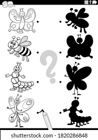 Black and White Cartoon Illustration of Match the Right Shadows with Pictures Educational Task for Kids with Insect Characters Coloring Book Page