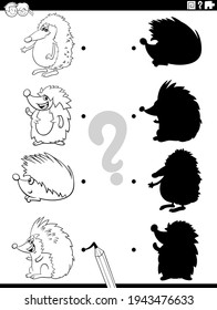 Black and white cartoon illustration of match the right shadows with pictures educational game for children with hedgehogs characters coloring book page