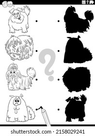 Black and white cartoon illustration of match the right shadows with pictures educational game with shaggy dogs animal characters coloring page