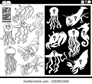 Black and white cartoon illustration of match pictures and the right shape or silhouette with sea animal characters educational game coloring page
