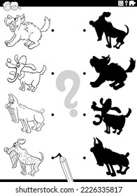 Black and white cartoon illustration of match the right shadows with pictures educational game with comic dogs coloring page