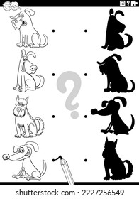 Black and white cartoon illustration of match the right shadows with pictures educational game with funny dogs coloring page