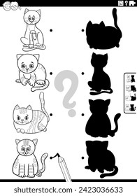Black and white cartoon illustration of match the right shadows with pictures educational activity with funny kittens coloring page
