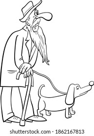 Black And White Cartoon Illustration Of Mature Age Man Senior Or Grandfather Walking With Dog Coloring Book Page