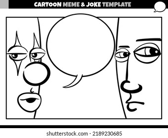 black and white cartoon illustration of meme template with blank comic speech balloon and clown and man