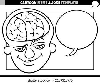 black and white cartoon illustration of meme template with blank comic speech balloon and brain man