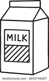 Ilustração em preto e branco de uma caixa de leite com a palavra "MILK" e listras diagonais.