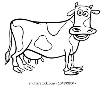 Black and White Cartoon Illustration of Milker Cow Farm Animal Character Coloring Book