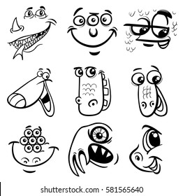 Black and White Cartoon Illustration of Monster Fictional Characters Faces Set Coloring Page