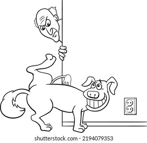 Black and white cartoon illustration of naughty dog animal character peeing on the wall at home and his angry owner coloring page