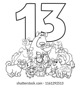 Black and White Cartoon Illustration of Number Thirteen and Dog Characters Group Coloring Book