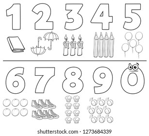 Black and White Cartoon Illustration of Numbers Set from One to Nine with Objects Coloring Book