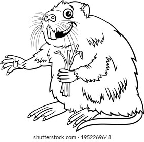 Black and white cartoon illustration of nutria or coypu comic animal character coloring book page