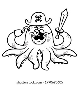 black and white cartoon illustration of Octopus wearing captain pirates cap and mustache while holding a sword and hook, suitable for coloring book or illustration book for children