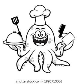 Black and white cartoon illustration of Octopus wearing a chef hat and holding cloche, spatula, cleaver, and cutting board with it's tentacles, best for coloring book and illustration book for kids