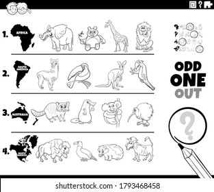 Black and White Cartoon Illustration of Odd One Oute Picture in a Row Educational Game for Elementary Age or Preschool Children with Animal Species from different Continents Coloring Book Page