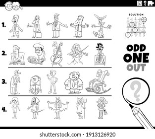 Black and White cartoon illustration of odd one out picture in a row educational game for elementary age or preschool children with funny people characters coloring book page