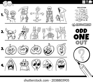 Black and white cartoon illustration of odd one out picture in a row educational game for elementary age or preschool children with spooky Halloween holiday characters coloring book page