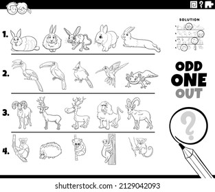 Black and white cartoon illustration of odd one out picture in a row educational task for children with comic animal characters coloring book page