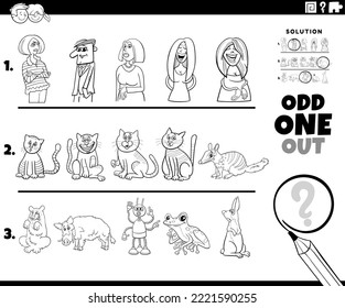 Black and white cartoon illustration of odd one out picture in a row educational task for children with comic people and animal characters coloring page
