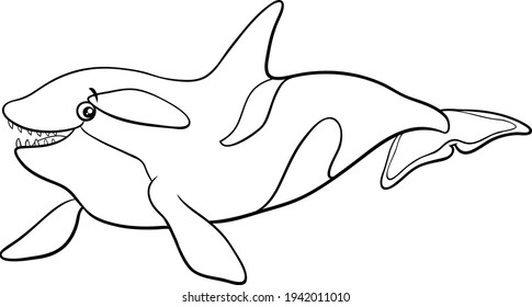 Black and white cartoon illustration of orca or killer whale sea animal character coloring book page