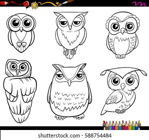 Black and White Cartoon Illustration of Owl Birds Animal Characters Set Coloring Page