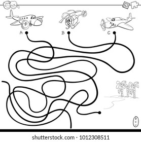 Black and White Cartoon Illustration of Paths or Maze Puzzle Activity Game with Aircraft Characters and Tropical Island Coloring Book