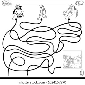 Black and White Cartoon Illustration of Paths or Maze Puzzle Activity Game with Farm Animal Characters and Meadow Coloring Book