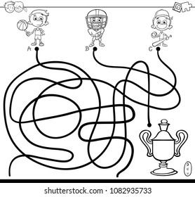 Black and White Cartoon Illustration of Paths or Maze Puzzle Activity Game with Kid Boy and Sports Coloring Book