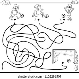 Black and White Cartoon Illustration of Paths or Maze Puzzle Activity Game with Kid Boys and Soccer Coloring Book