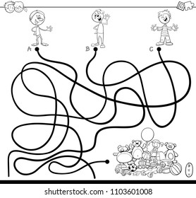 Black and White Cartoon Illustration of Paths or Maze Puzzle Activity Game with Kid Boys and Toys Coloring Book