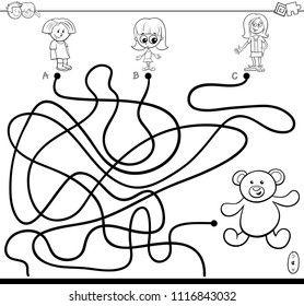 Black and White Cartoon Illustration of Paths or Maze Puzzle Activity Game with Little Girls and Teddy Bear Toy Coloring Book