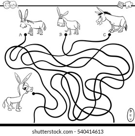 Black and White Cartoon Illustration of Paths or Maze Puzzle Activity Game with Donkey Farm Animal Characters Coloring Page