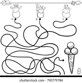Schwarz-Weiß-Cartoon-Illustration von Wegen oder Maze Puzzle-Aktivitätsspiel mit Snowman-Charakteren und Eiscreme-Farbbuch