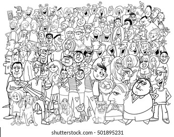 Black and White Cartoon Illustration of People Group in the Crowd