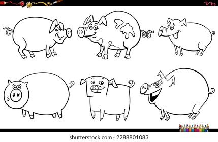 Black and white cartoon illustration of pigs farm animal characters set coloring page