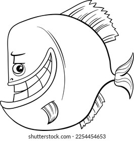 Black and white cartoon illustration of piranha fish comic animal character coloring page