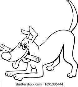 Black and White Cartoon Illustration of Playful Dog Comic Animal Character with Stick Coloring Book Page