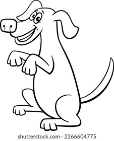 Black and white cartoon illustration of playful dog animal character doing a trick coloring page